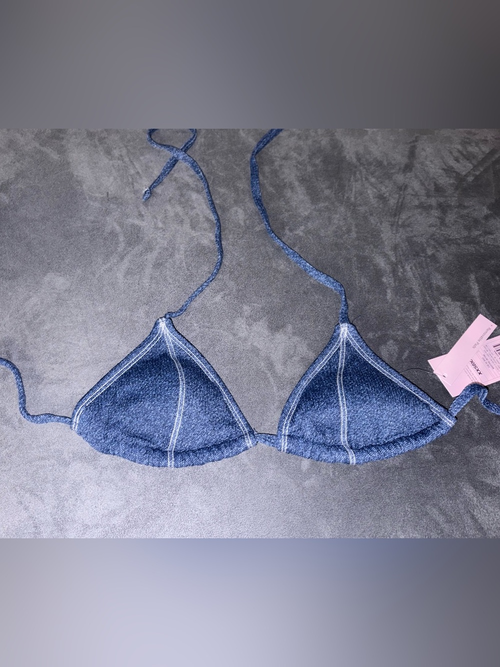 Denim-Look Triangle Bikini Top - Dark Blue
